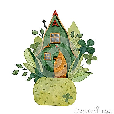 Watercolor illustration. Small house in leaves and berries. Hand drawn picture for decoration, invitation card, greeting card Cartoon Illustration