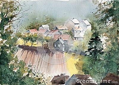 Watercolor illustration of a small sunlit village Cartoon Illustration