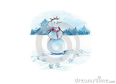 Watercolor illustration of a snowwoman with a lot of little funny snowballs on a white snowy background. Cartoon Illustration