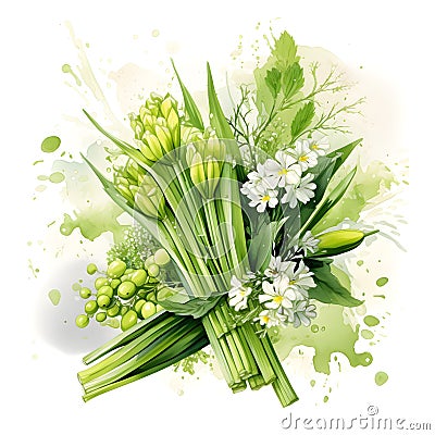 Watercolor illustration of Spices. bunch of celery with celery flowers,ai generated Cartoon Illustration