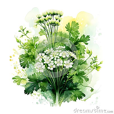 Watercolor illustration of Spices. bunch of parsley with parsley flowers,ai generated Cartoon Illustration