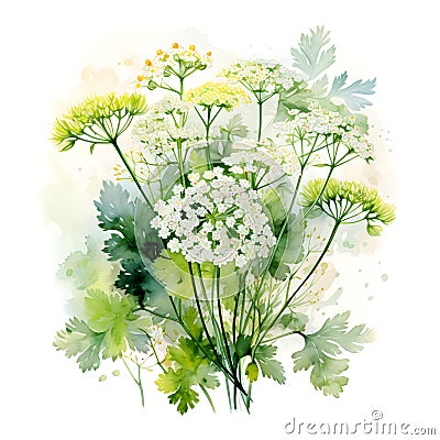 Watercolor illustration of Spices. bunch of parsley with parsley flowers.ai generated Cartoon Illustration