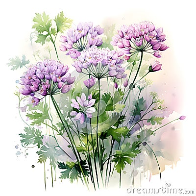 Watercolor illustration of Spices. bunch of parsley with parsley flowers.ai generated Cartoon Illustration