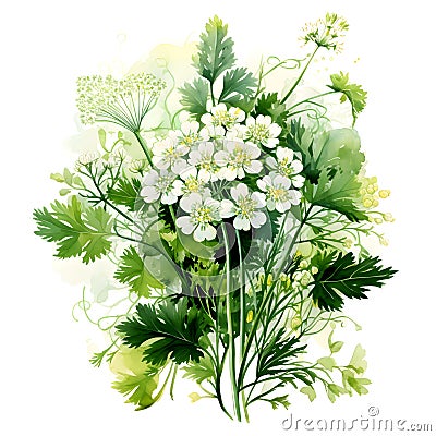 Watercolor illustration of Spices. bunch of parsley with parsley flowers.ai generated Cartoon Illustration