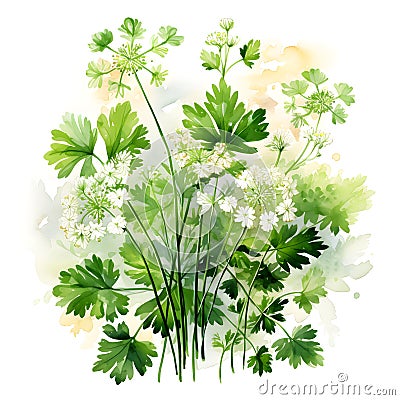 Watercolor illustration of Spices. bunch of parsley with parsley flowers.ai generated Cartoon Illustration