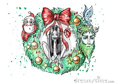 Watercolor illustration of spooky christmas wreath Cartoon Illustration