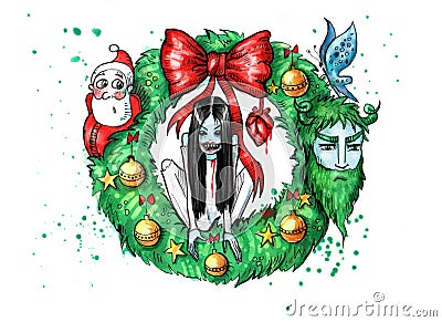 Watercolor illustration of spooky christmas wreath Cartoon Illustration