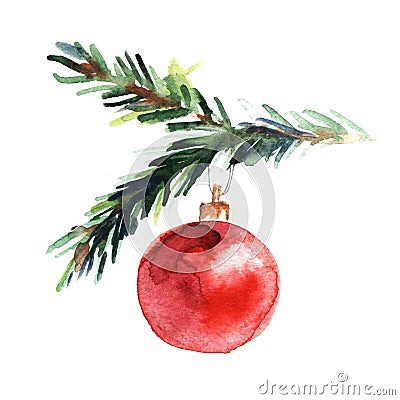 Watercolor illustration of spruce twig with red New Year`s ball on white background. Christmas and New Year hand painted Cartoon Illustration