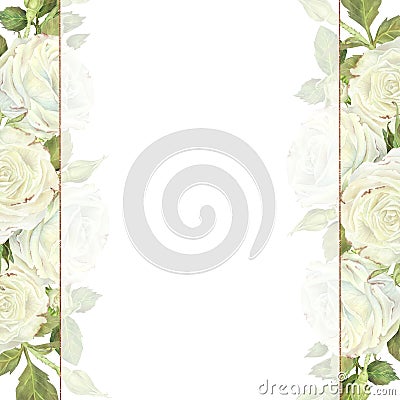 Watercolor illustration. Square frame with white roses with translucent veil and gold edging. Place for inscription or Cartoon Illustration