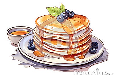 Watercolor illustration of a stack of delicious pancakes decorated with blueberries and maple syrup or honey. Delicious Cartoon Illustration