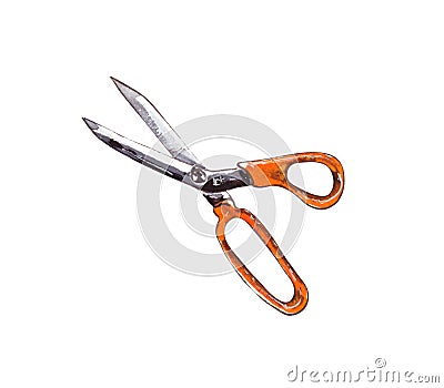 Watercolor illustration.stationery tools for home, a pair of scissors with orange handles isolated on white background Cartoon Illustration