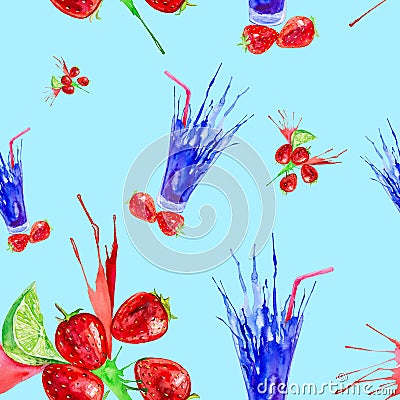 Watercolor illustration of strawberry,lime and juice splash in a glass. Isolated on blue background. Seamless pattern Cartoon Illustration