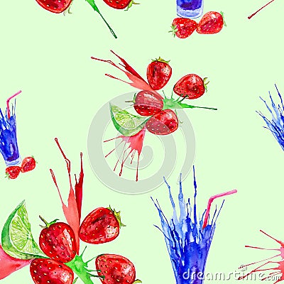 Watercolor illustration of strawberry,lime and juice splash in a glass. Isolated on green background. Seamless pattern Cartoon Illustration