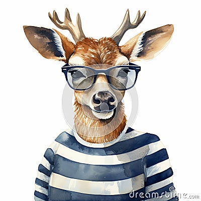 Watercolor Illustration Of A Stylish Deer In Glasses And Striped Shirt Stock Photo