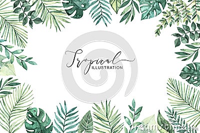 Watercolor illustration. Summer tropical frame. Tropical palm leaves monstera, areca, fan, banana. Perfect for wedding Cartoon Illustration