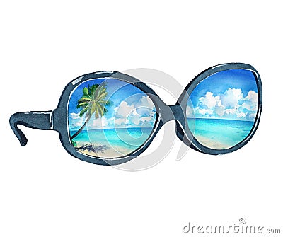 Watercolor illustration of sunglasses with reflection of the tropical beach, palms, ocean and blue sky. Cartoon Illustration