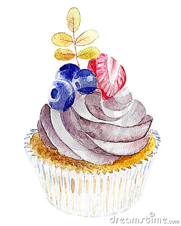 Cupcake with chocolate creame, strawberry and blueberries Cartoon Illustration