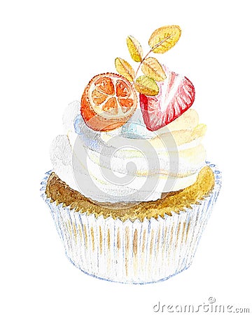 Cupcake with white creame, strawberry and kumquat Cartoon Illustration