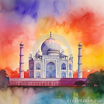 watercolor illustration Taj Mahal Cartoon Illustration