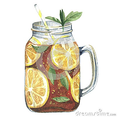 Watercolor illustration tea in mason jar Cartoon Illustration