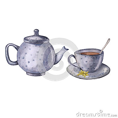 Watercolor illustration tea set with cardamom. Hand painted card isolated on white background. Tea set illustration for Cartoon Illustration