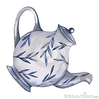 Watercolor illustration teapot. Hand drawn isolated on white background. Cartoon Illustration