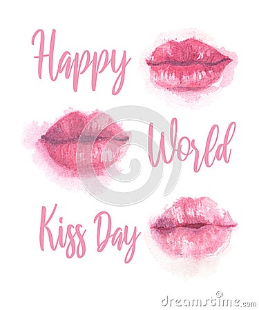 Watercolor illustration of tender pink lips, lettering Happy World Kiss Day. True love forever kiss me. For a postcard Cartoon Illustration