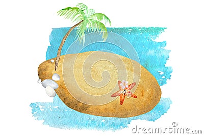 Watercolor illustration top view starfish sand beach ,shells,blue wave.Beautiful postcard or background Cartoon Illustration