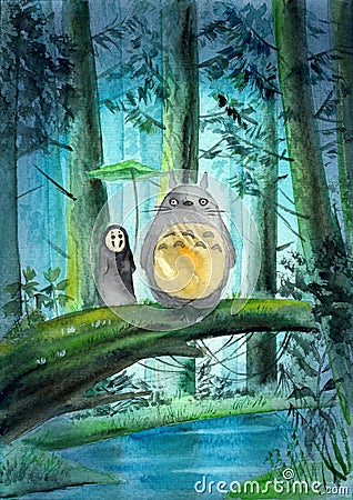Watercolor illustration of Totoro on a fallen tree across a forest stream Cartoon Illustration