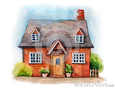 Watercolor illustration of traditional English house isolated on white background Cartoon Illustration