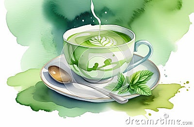 watercolor illustration of traditional Japanese green matcha tea in white cup with spoon Cartoon Illustration