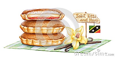 Watercolor illustration of the traditional sweet pie of Saint Kitts and Nevis Agony of love Cartoon Illustration