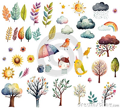 Watercolor illustration of trees, clouds, rainbows, birds, flowers, leaves and other elements. Spring autumn weather Cartoon Illustration