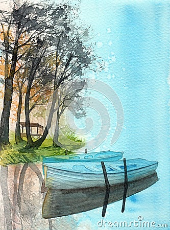 Watercolor illustration of two blue fisher boats Cartoon Illustration