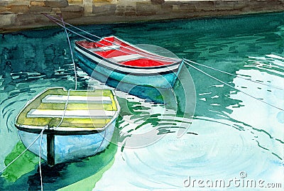 Watercolor illustration of two colorful fishing boats at the pier Cartoon Illustration