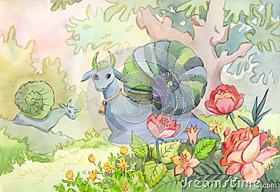 Watercolor illustration with two fantastic animals Snail - cow Cartoon Illustration