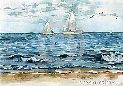 Yachts drifting in the quiet blue sea watercolor illustration Cartoon Illustration