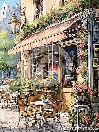 Watercolor illustration of a typical facade of a European street cafe. Cartoon Illustration