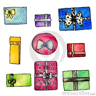 Watercolor set of multi-colored wrapped gifts Cartoon Illustration