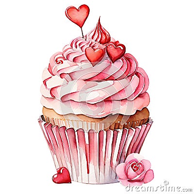 illustration, valentines day, romantic desserts and sweets, cupcake decorated with hearts and flowers Cartoon Illustration