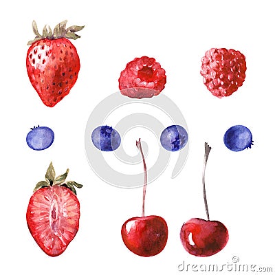 Watercolor illustration with various cupcakes and ripe strawberries, blueberries, cherries and raspberries Stock Photo