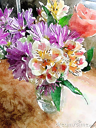 Shabby chic Watercolor illustration of vase of colorful flowers. Cartoon Illustration