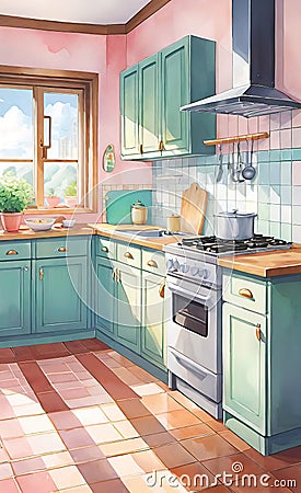 watercolor illustration, vintage cozy kitchen image, smartphone wallpaper, printable painting, Cartoon Illustration
