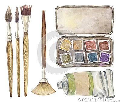 Watercolor illustration of vintage watercolor palette, oil tube, paint brushes isolated on a white background. Cartoon Illustration