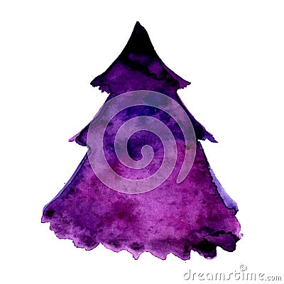 Watercolor illustration of violet christmas tree. Vector design element isolated on white background. Vector Illustration