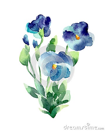 Watercolor illustration of a violets on a white background. Cartoon Illustration