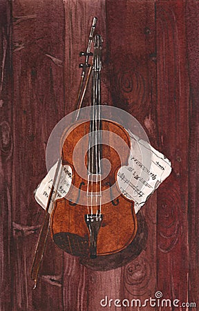 Watercolor illustration of a violin and notes on a wood background Cartoon Illustration