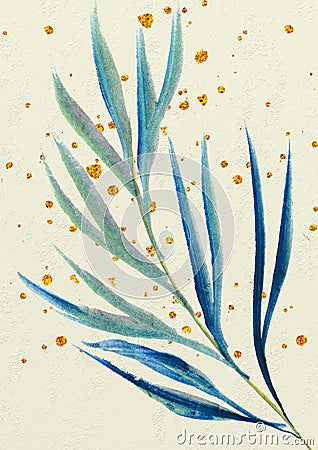 Watercolor illustration. Vivid colors floral art. Watercolor florals with golden splats. Hand drawn loose watercolor element. Cartoon Illustration