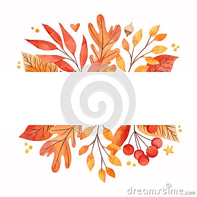 Watercolor illustration in warm colors. Frame of fall leaves, acorns, berries. Forest design elements. Hello Autumn! Perfect for Cartoon Illustration