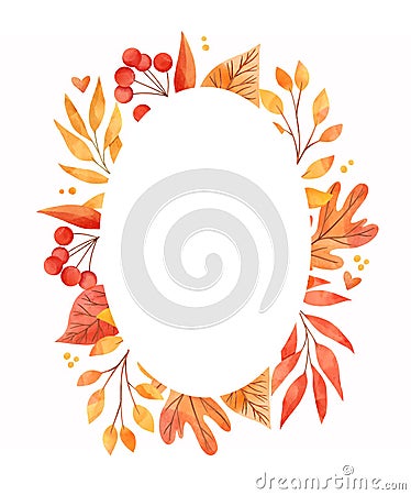 Watercolor illustration in warm colors. Frame of fall leaves, acorns, berries. Forest design elements. Hello Autumn! Perfect for Cartoon Illustration